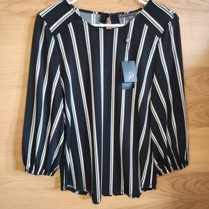 ADRIANNA PAPELL 3/4 SLEEVE STRIPE BLOUSE TOP TUNIC BLACK WHITE BLUSH SMALL NWT